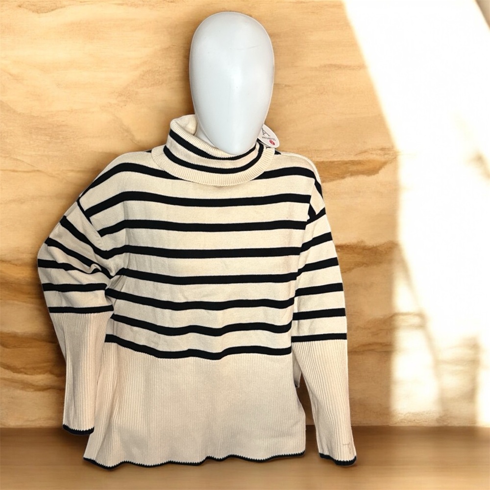 Striped Cream and Black Turtleneck Sweater